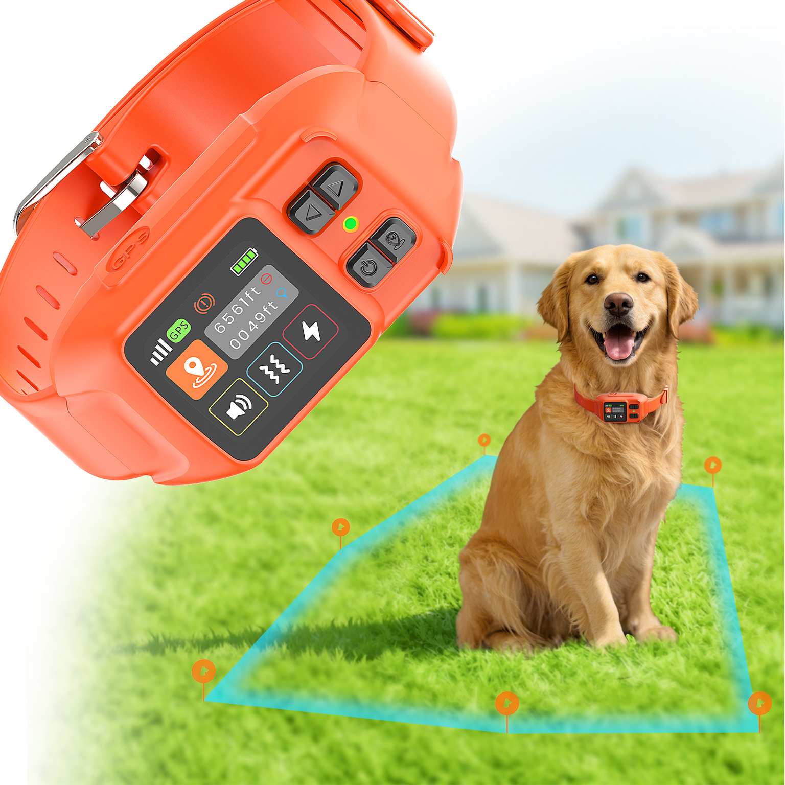 Pawton orange GPS wireless dog fence collar shown with a dog in an outdoor yard boundary
