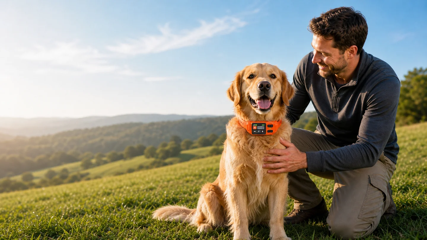 Dog owner with a Golden Retriever wearing a Pawton orange GPS wireless dog fence collar outdoors