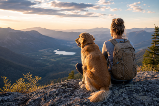 Dog owner and Golden Retriever looking over a mountain valley